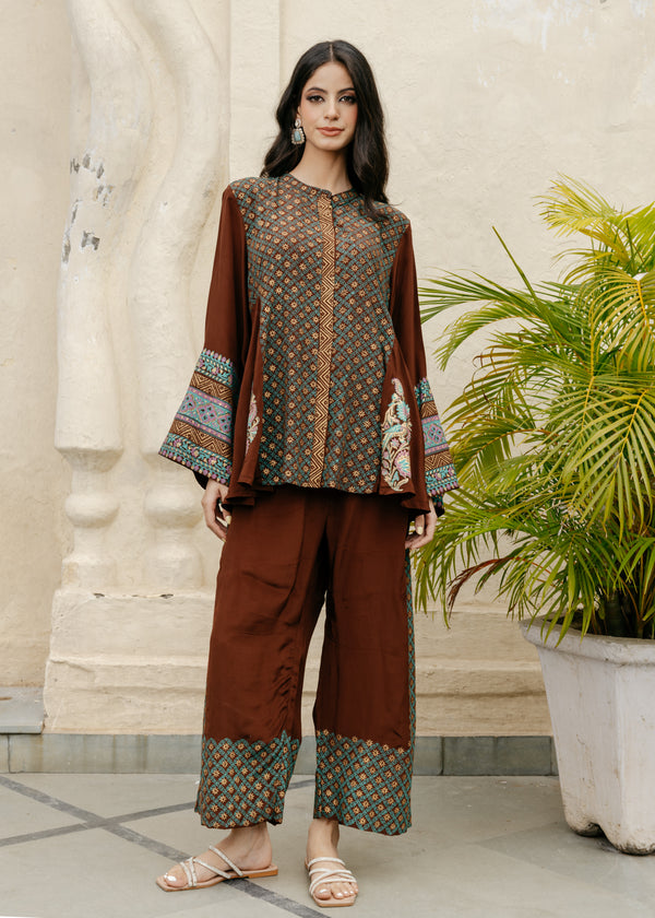 Hand Block Crape Co-ord Set in Coffee Brown