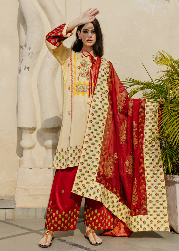Zesty Lemon & Red Handblocked Salwar Suit Set