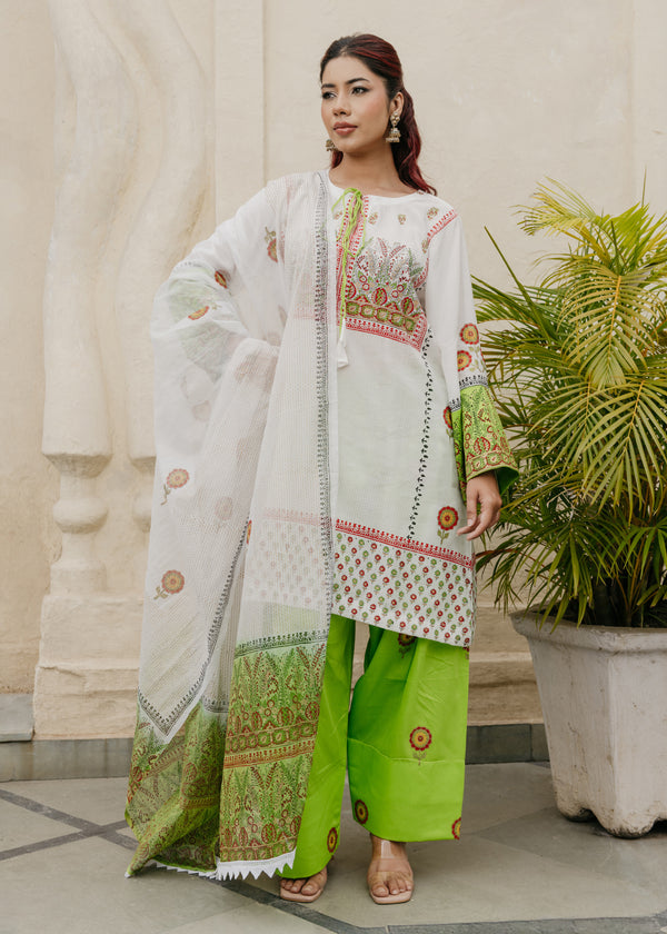 White & Fluorescent Green A-Line Block Suit Set