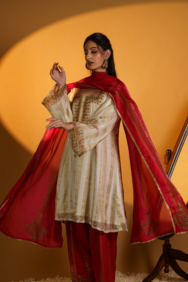 Off White & Hot Pink Handcrafted Anarkali Suit Set