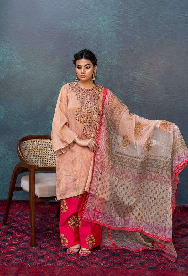 Embroidered Block Print Ladies Suit with Soft Formal Tissue Fabric - Peach & Magenta